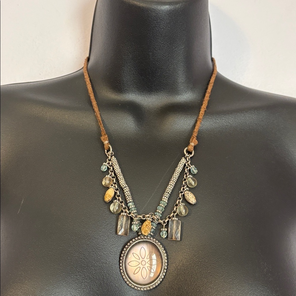 Axcess by Liz Claiborne Suede Cord Flower Catseye Pendant Double Strand Necklace